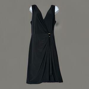 Lauren Ralph Lauren Womens Dress 12 Black Plunge Wrap Gold Ring Cocktail Comfy